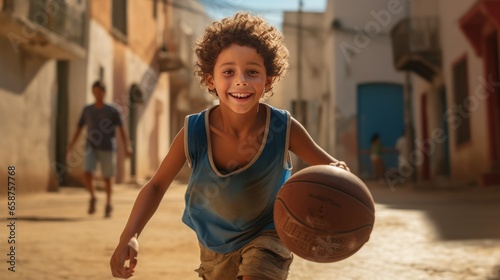 Young boy bonding outdoors and having fun - stylish cool teens gathering at basketball court on the streets, latino playing a match.