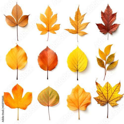 a set of autumn leaves on a white background.