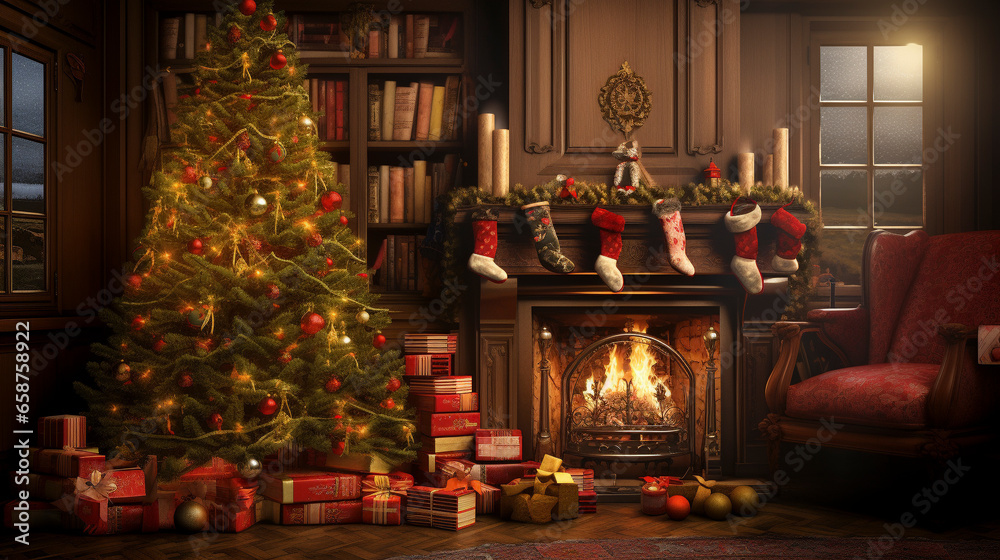 Christmas scene in warm winter house with fireplace and christmas presents,  winter seasonal marketing asset