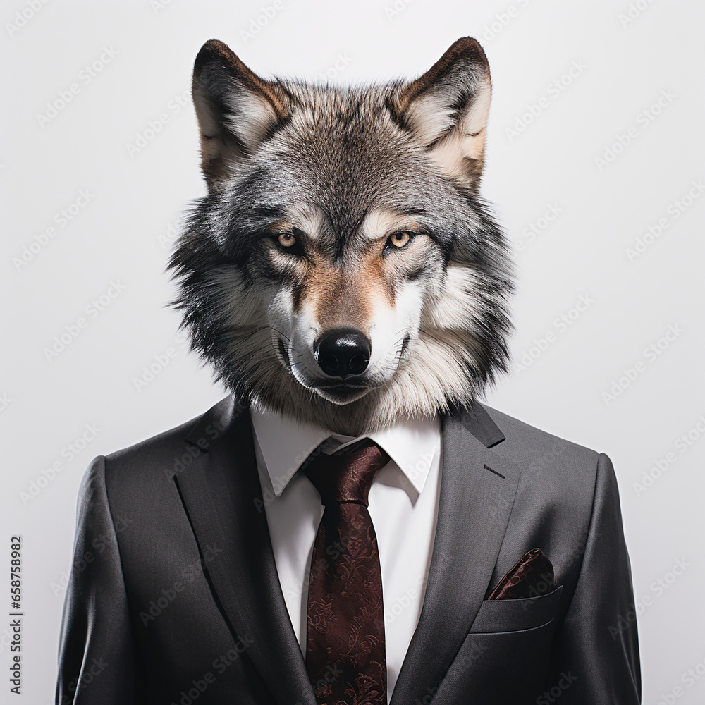 Wolf wearing a suit isolated on a white background. Hyperealistic ...