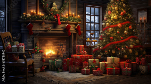 Christmas scene in warm winter house with fireplace and christmas presents, winter seasonal marketing asset