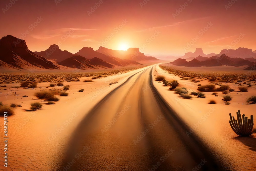 Generate an image of a desert highway with a mirage shimmering in the distance