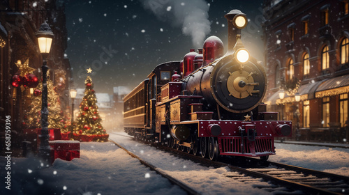 Fotografia Christmas train in Santa village on snowy background,  winter seasonal marketing