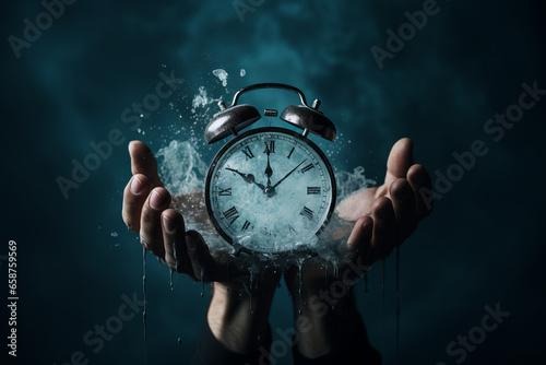 Concept of time passing away, the clock breaks down into pieces. Time is running out, hurry, buy now, closing, soon