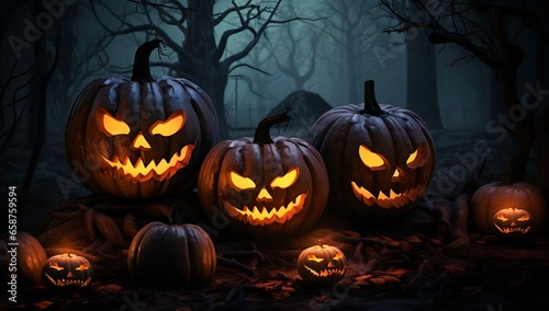 Halloween pumpkins with scary faces in dark forest  3d render