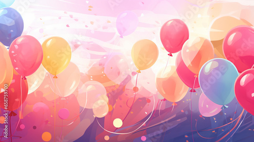 colorful balloons in a moment of celebration, on a smooth pink background, vector style, room for copy, marketing asset
