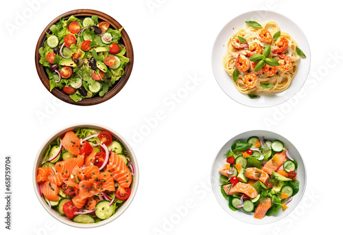 Set of various delicious food in white dishes isolated on transparent background, Top view of various menu served on plates.