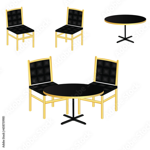 Set of modern chairs and tables in a cartoon style. Vector illustration of various modern types of chairs and tables for interior spaces: home kitchen, office, restaurant isolated on white background.