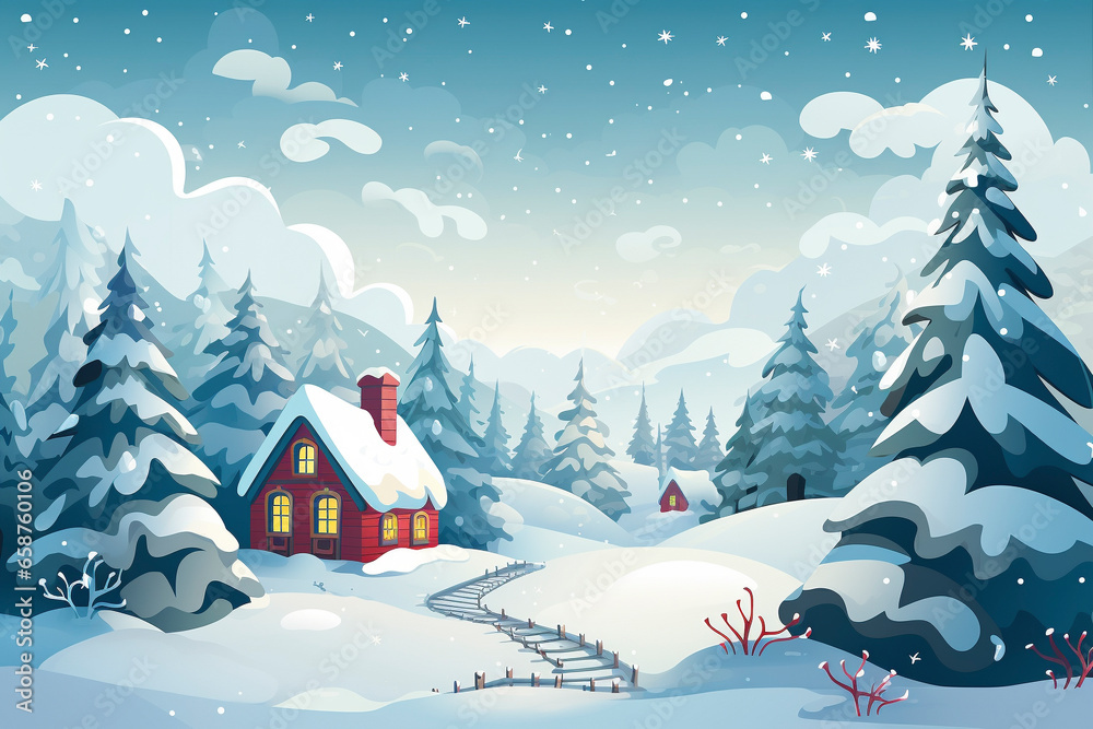 Winter cabin scene in snowy forrest and fresh snow,  winter seasonal marketing asset