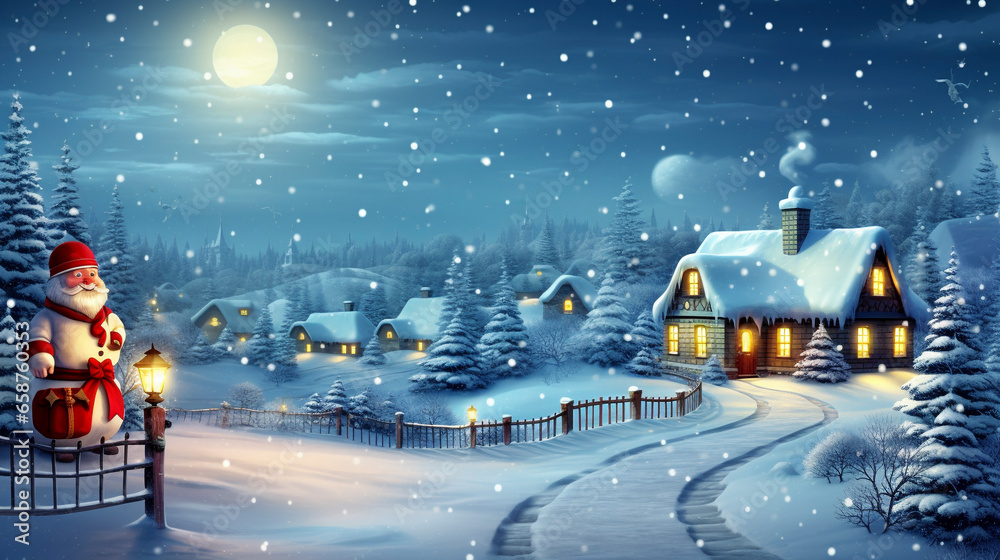 Cozy winter cabin evening in snowy village and fresh snow,  winter seasonal marketing asset - obrazy, fototapety, plakaty 