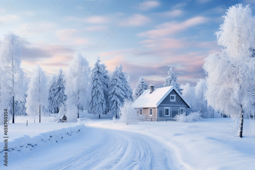 Winter cabin scene in snowy forrest and fresh snow, winter seasonal marketing asset Winter cabin scene in snowy forrest and fresh snow, winter seasonal marketing asset