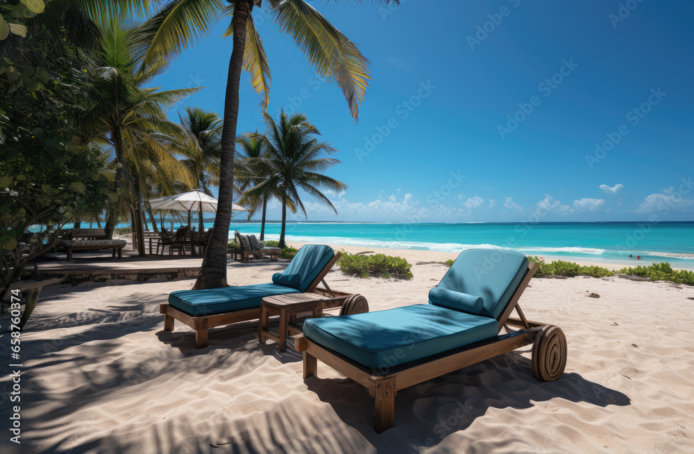 Beach chairs sun beds on tropical beach resort with coconut palm trees and blue sky on a sea shore