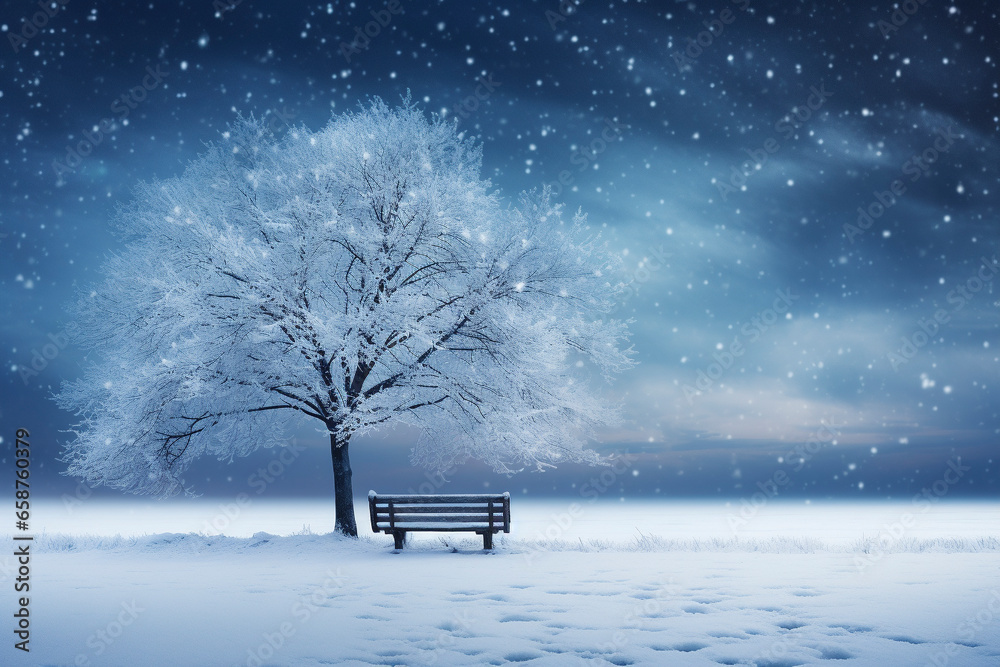 Winter park bench scene next to snow covered tree, with fresh snow,  winter seasonal marketing asset, space for copy