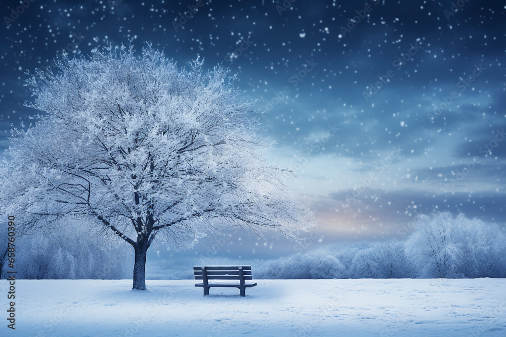 Winter park bench scene next to snow covered tree, with fresh snow,  winter seasonal marketing asset, space for copy