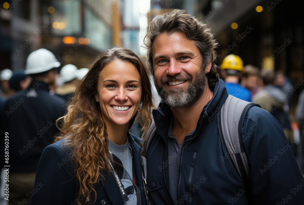 Portrait of happy couple, travelers, tourists on a street in a city
