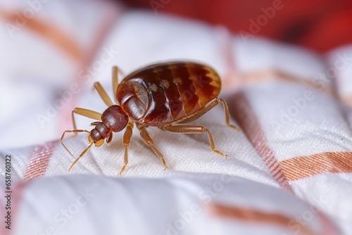 This close-up image captures a bed bug, a common household pest, as it crawls across a white bed linen. The detailed photograph highlights the bug's small size and distinct features.
