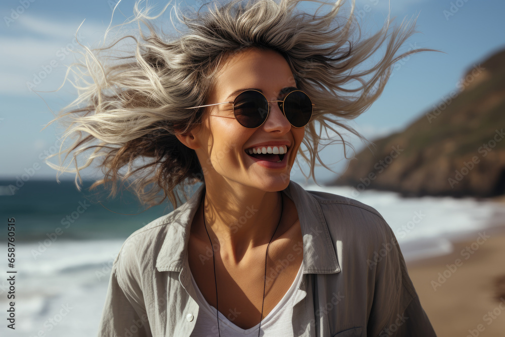 Portrait of happy smiling woman in summer clothes and sunglasses having fun, dancing on the beach, seashore. Summer vibes concept Portrait of happy smiling woman in summer clothes and sunglasses having fun, dancing on the beach, seashore. Summer vibes concept