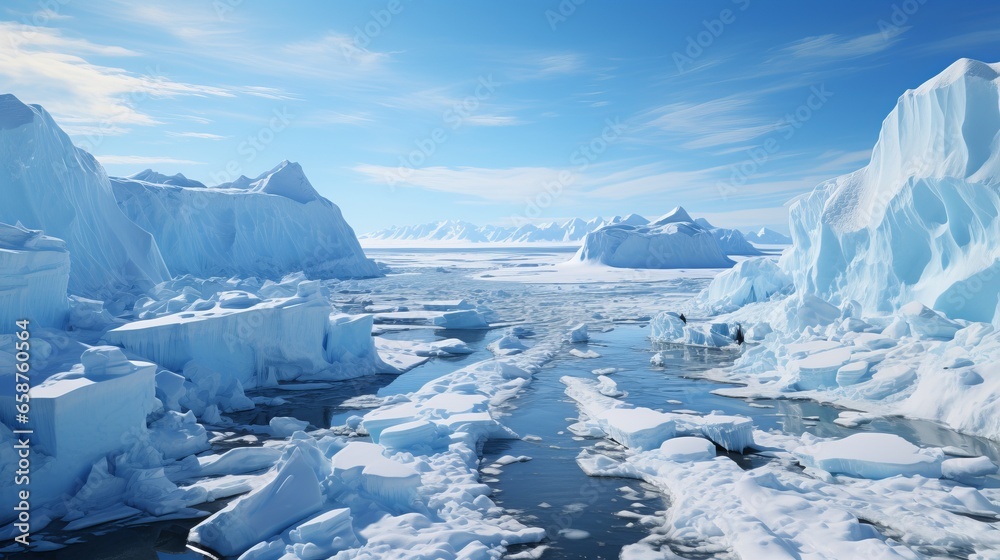 
Antarctica and Arctic, glaciers and snowy landscape.
Glacial retreat (modern deglaciation). Concept: Environmental problems, melting and degradation of glaciers.