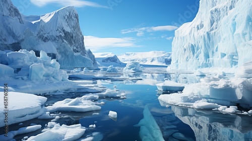  Antarctica and Arctic, glaciers and snowy landscape. Glacial retreat (modern deglaciation). Concept: Environmental problems, melting and degradation of glaciers.
