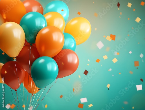 Colorful balloons with confetti and ribbons flying on blue background