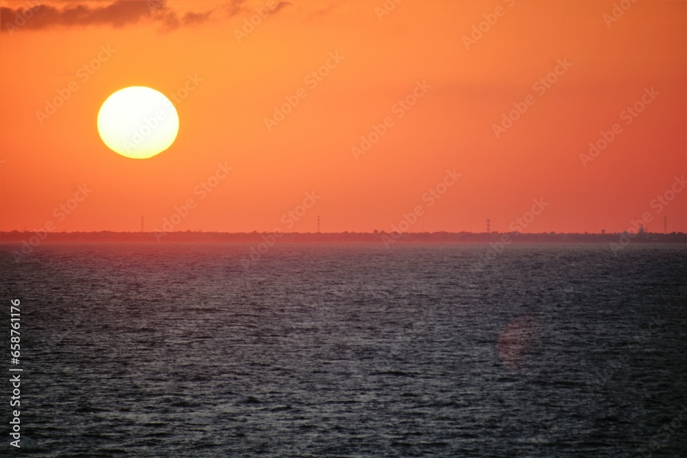 Sunset in Cozumel, Yucatan Peninsula, Mexico, Caribbean Sea, on cruise ship while travelling on vacation.