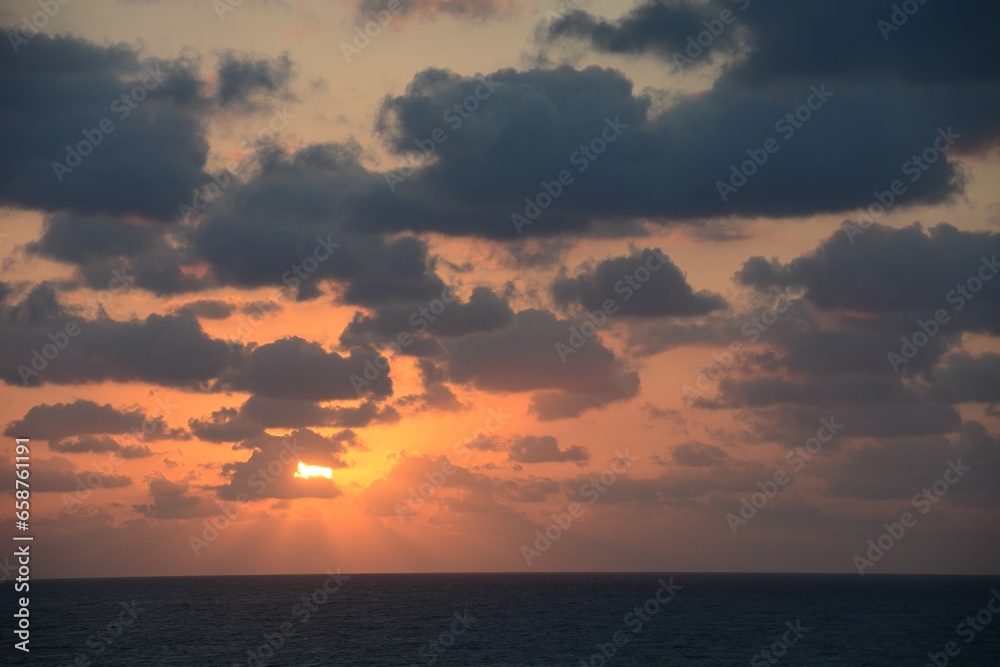 Naklejka premium Sunrise Costa Maya, Yucatan Peninsula, Mexico, Caribbean Sea, on cruise ship while travelling on vacation.