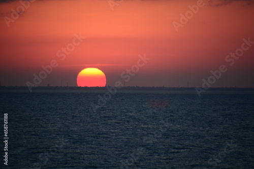 Sunset in Cozumel, Yucatan Peninsula, Mexico, Caribbean Sea, on cruise ship while travelling on vacation.