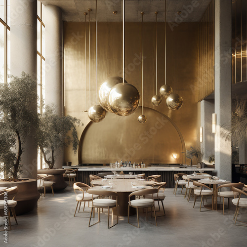 Modern  restaurant with high ceiling and wooden furniture with golden  hanging lamps.