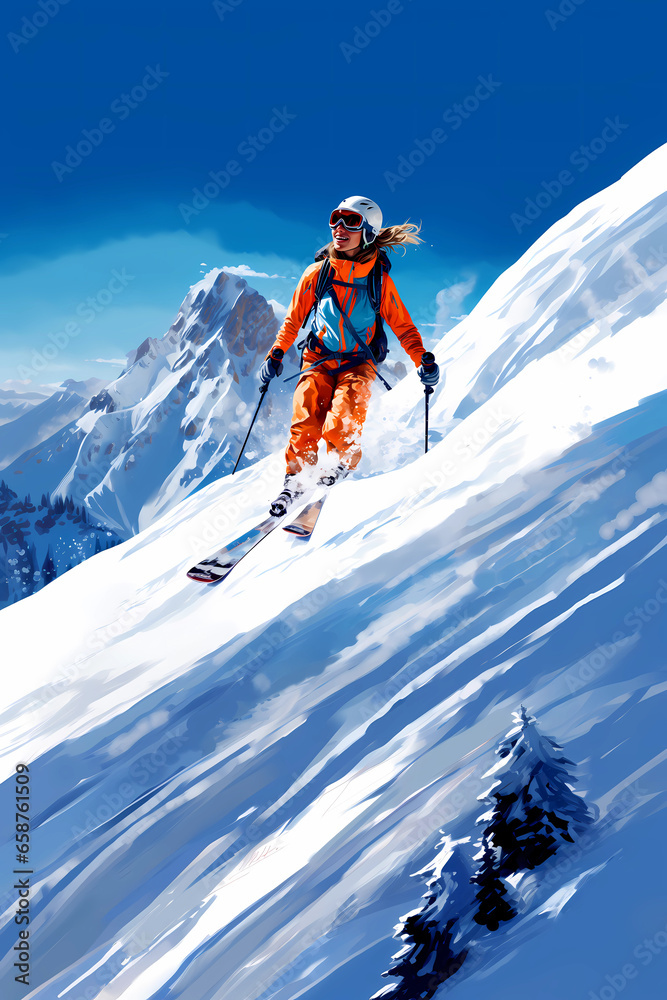 Illustration of a beautiful winter holiday in the Alps