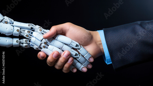 Handshake with human and robotic hand on dark background
