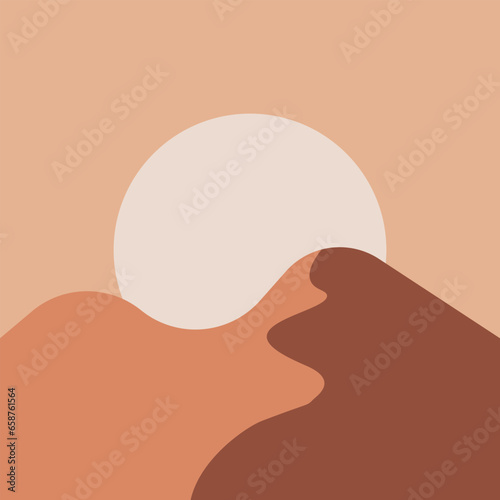 Illustration of sunset in the desert between sand dunes