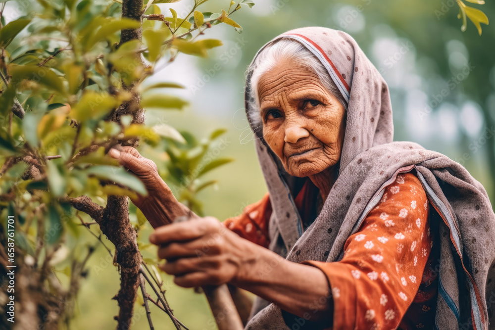 Farmer worker, old woman working in orchard fruit garden. Generative AI