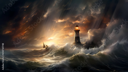 Wallpaper Mural Illustration of a boat sailing towards the lighthouse during a storm Torontodigital.ca