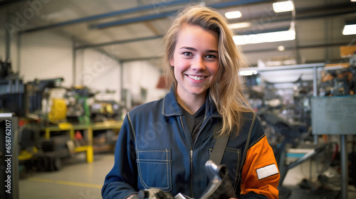 Cheerful Apprentice Posing in Contemporary Workshop
