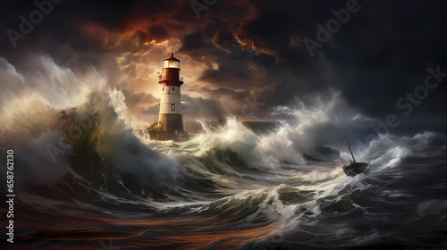 Illustration of a boat sailing towards the lighthouse during a storm © Alek