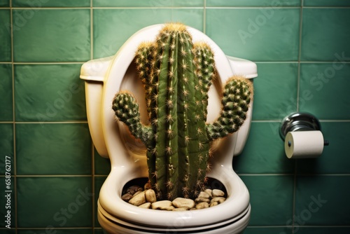 Hemorrhoids concept. Cactus in the toilet, close-up photo