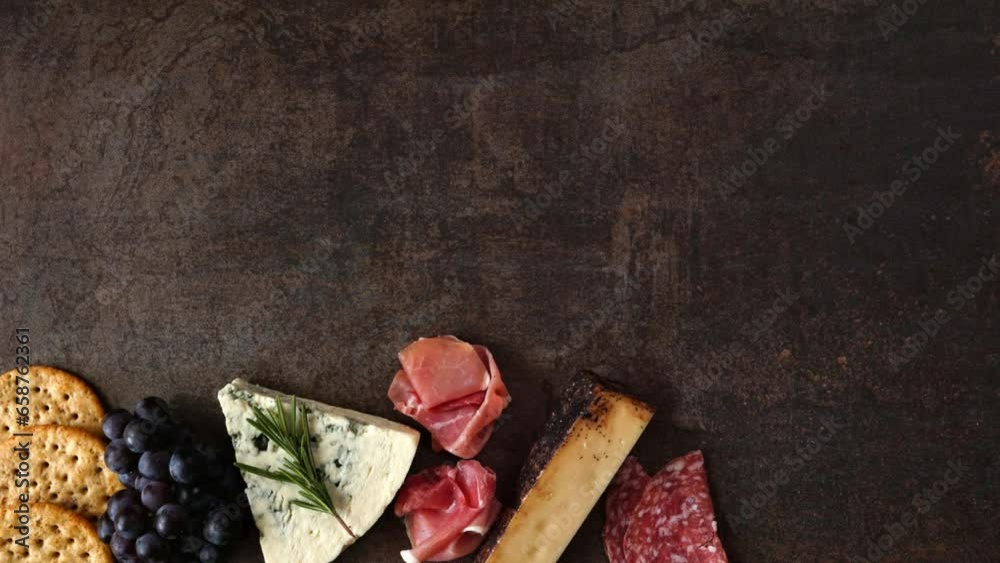 Charcuterie time lapse. Bottom border over a dark background with copy space. Above view arrangement of meat, cheese and cracker appetizers.