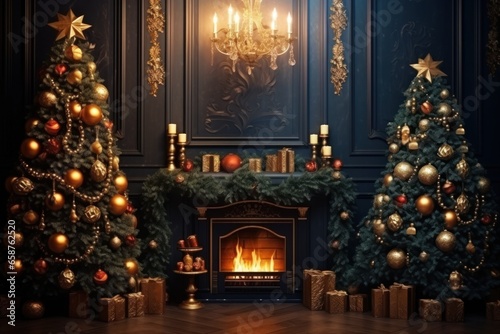 Christmas festive interior. New Years Eve. Two decorated Christmas trees, burning fireplace, glowing chandelier. New Year holiday background. With copy space. Postcard, banner, design, Merry Christmas