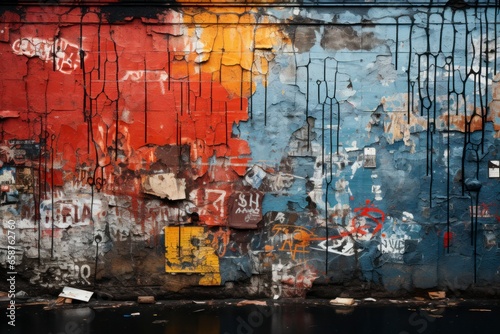 Fototapeta Naklejka Na Ścianę i Meble -  A close-up of a weathered and graffiti-covered grunge wall in an urban alley, showcasing the raw and expressive street art