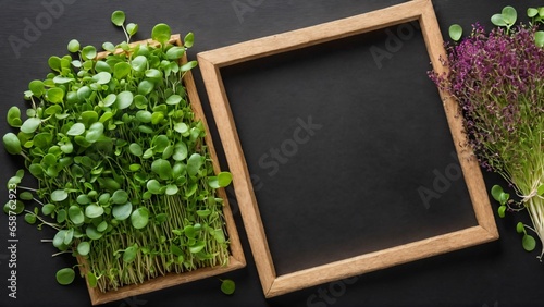 Different microgreen, flat lay. Space for text