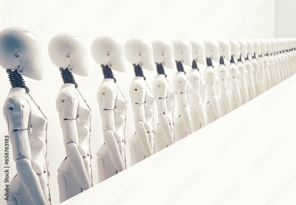 Fototapeta premium A large warehouse stock of robots in production with a selective focus on one cyborg. Robotic army of the future. Artificial intelligence. Science fiction. Illustration in technological style.