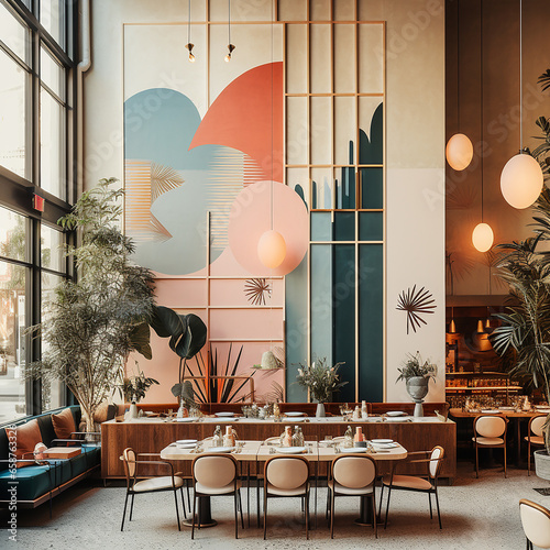 Dining area of a  luxury artistic bar restaurant with mid century furniture and geometrical green  pink wall painting with high ceiling.