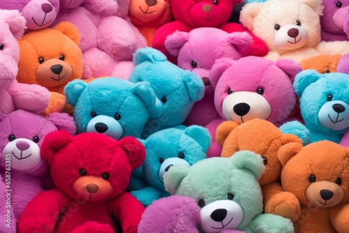 A lot of multicolored teddy bears pile together. Top view photo