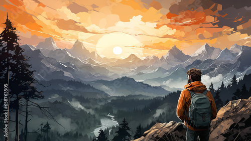 A hiker is hiking in the mountains and is depicted in a watercolor style. The beauty of nature is worth all the energy invested in it. The concept of tourism and hiking. AI generated.