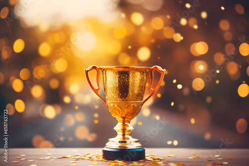 Champion golden winners trophy cup on a shining bokeh background