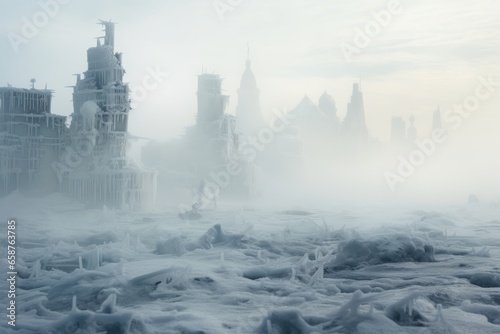 Snowy destroyed city with church in ruin, apocalyptic vision of abandoned place in winter, misty atmosphere  © Schizarty