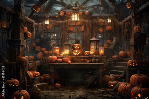 Lanted halloween pumkins in the hunted house at halloween night