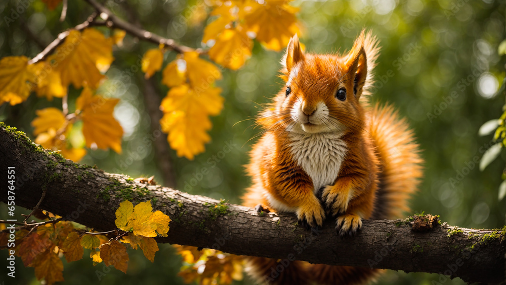 Fototapeta premium Cute squirrel on a branch in the forest