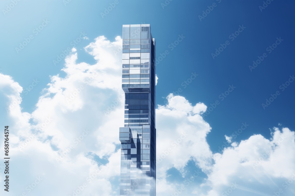 Illustration of a modern skyscraper against a blue sky with clouds