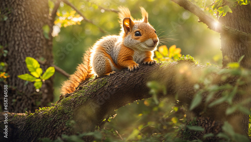 Cute squirrel on a branch in the forest